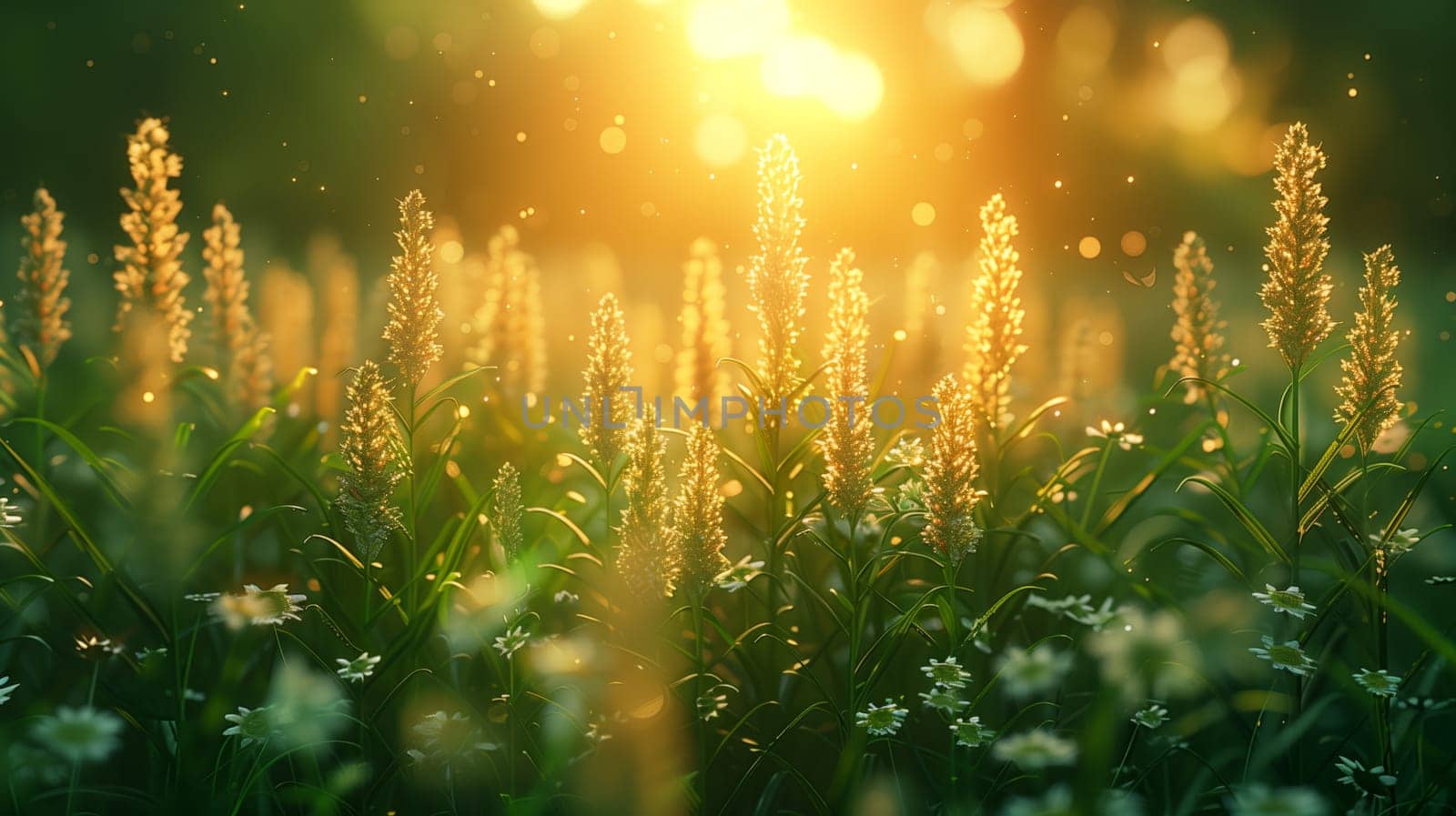 A beautiful meadow is bathed in the warm glow of the setting sun. Tall blades of grass and delicate wildflowers stand tall, illuminated by the golden light. Tiny white flowers dot the ground, adding to the scenes beauty. The air is filled with a soft, ethereal light, creating a dreamy atmosphere.