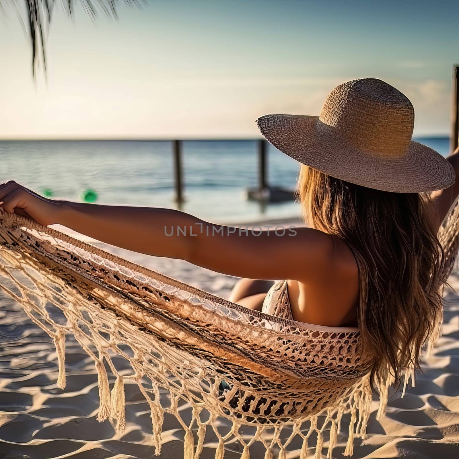 A woman in a hammock on a beach at sunset.