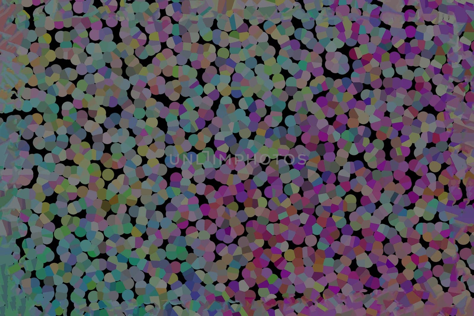Multicolored round spots on black background. Background of small geometric, round shapes of blue, purple, different colors.