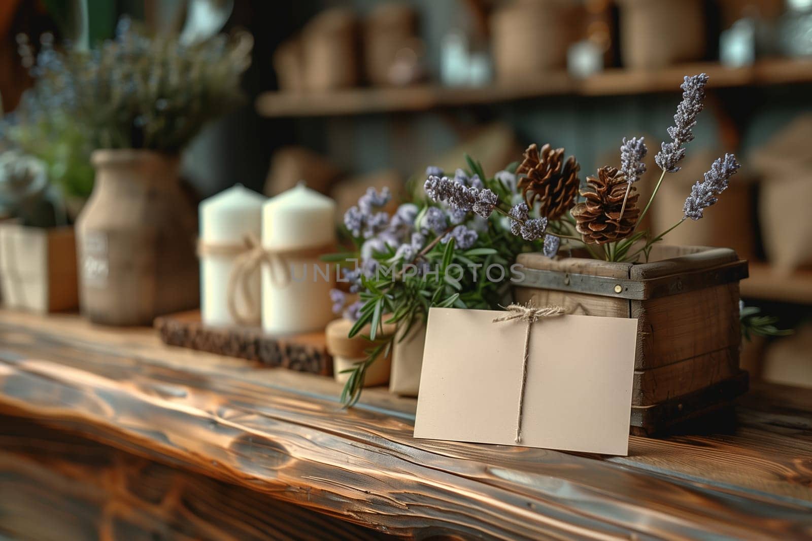 A rustic wooden countertop is adorned with a small wooden box filled with lavender and pine cones. Two white candles and a blank card add to the charming, natural aesthetic of the scene.
