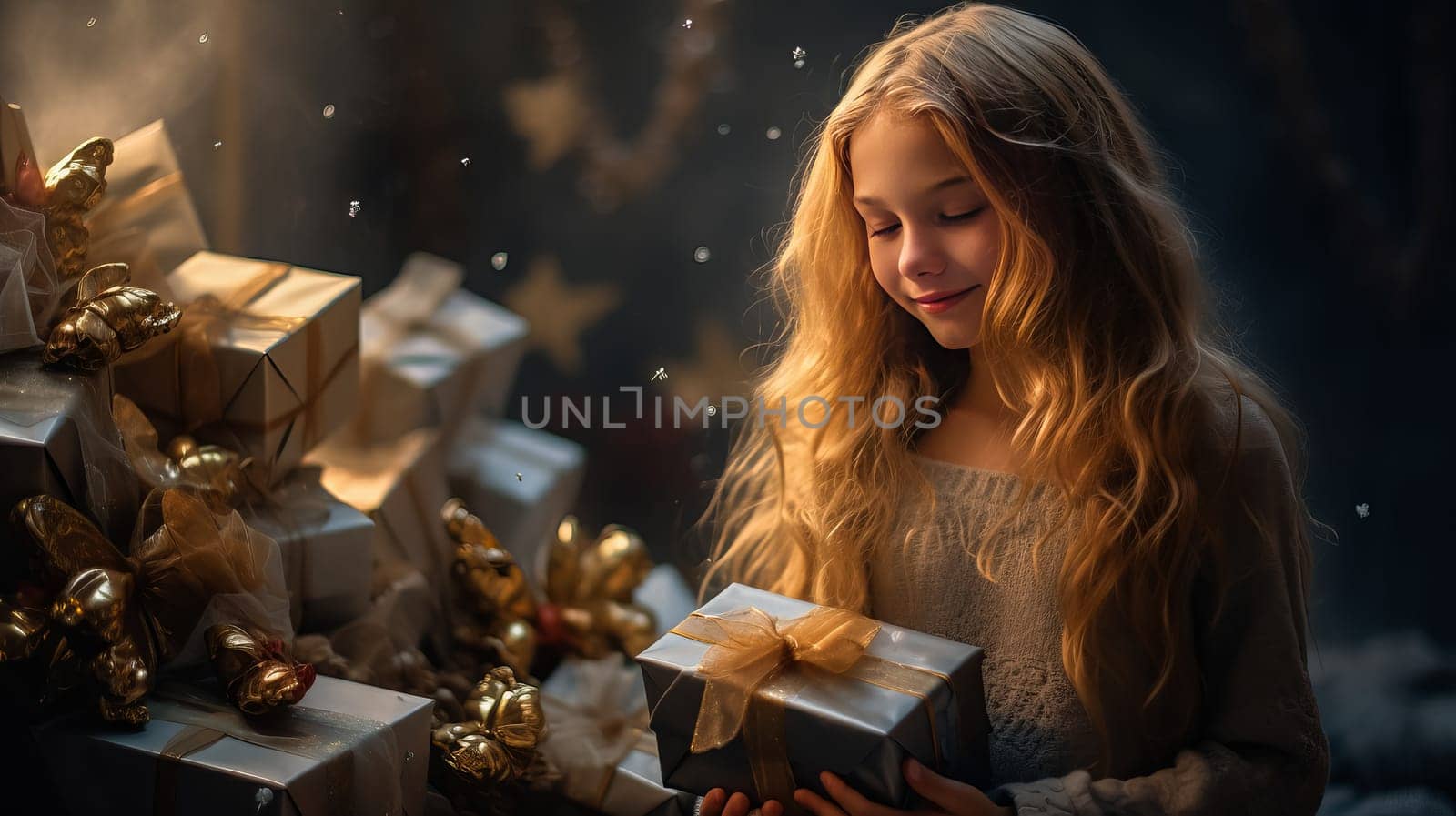 A young girl is unwrapping a Christmas gift surrounded by a tableware of presents.