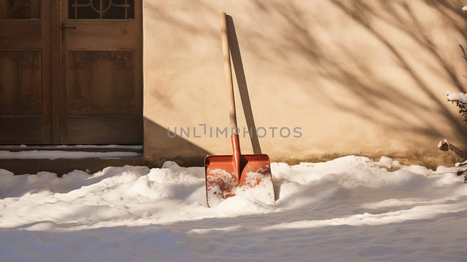 snow shovel in the snow . High quality photo