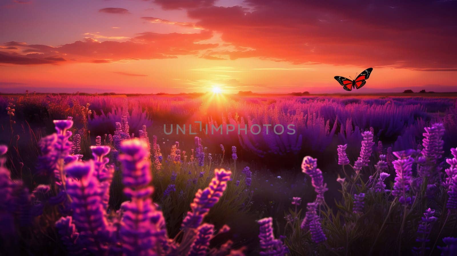 Beautiful landscape sunset field with lavender flowers. Ai art