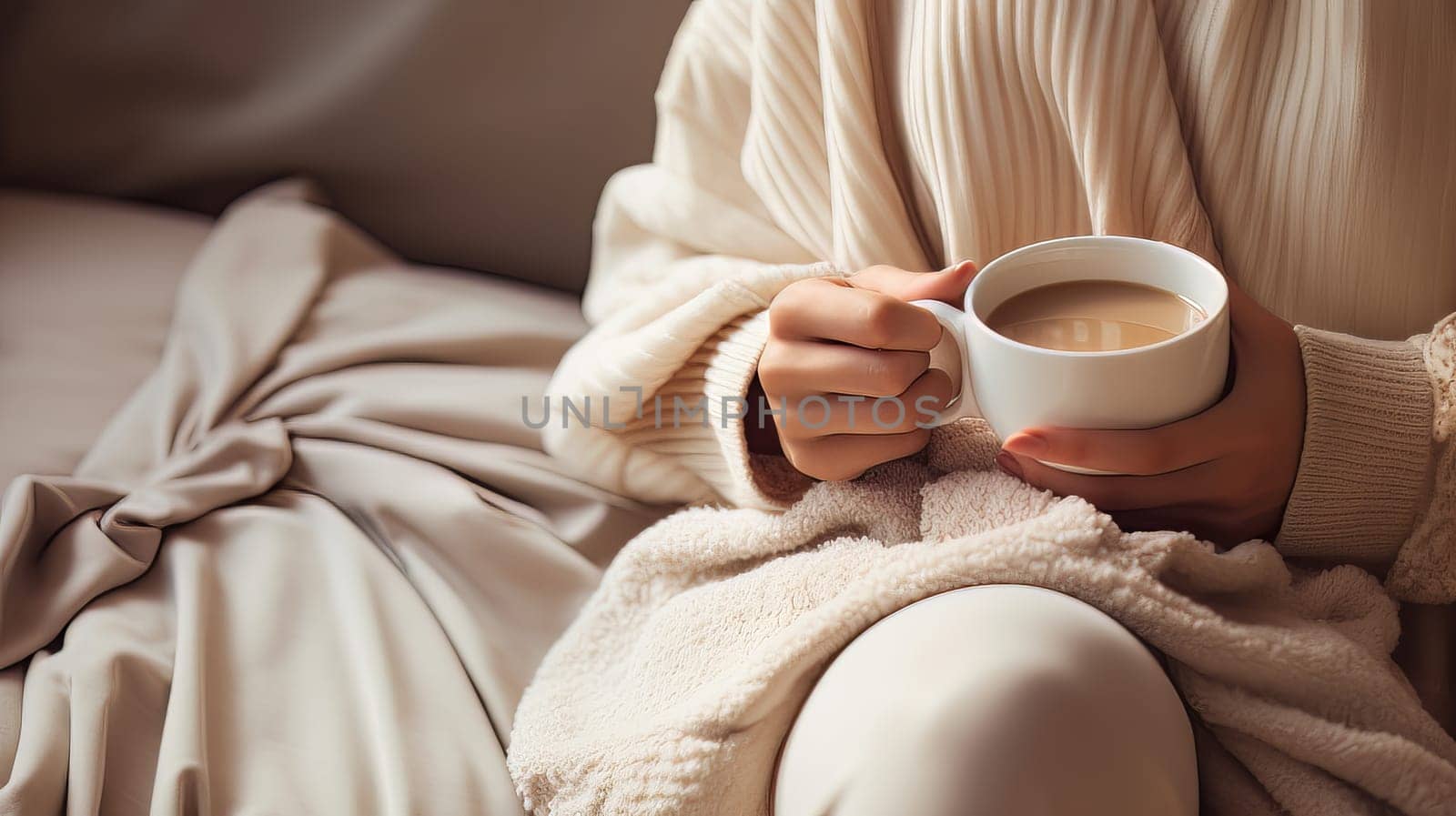 Woman sitting with a cop of morning coffee in hand. High quality photo