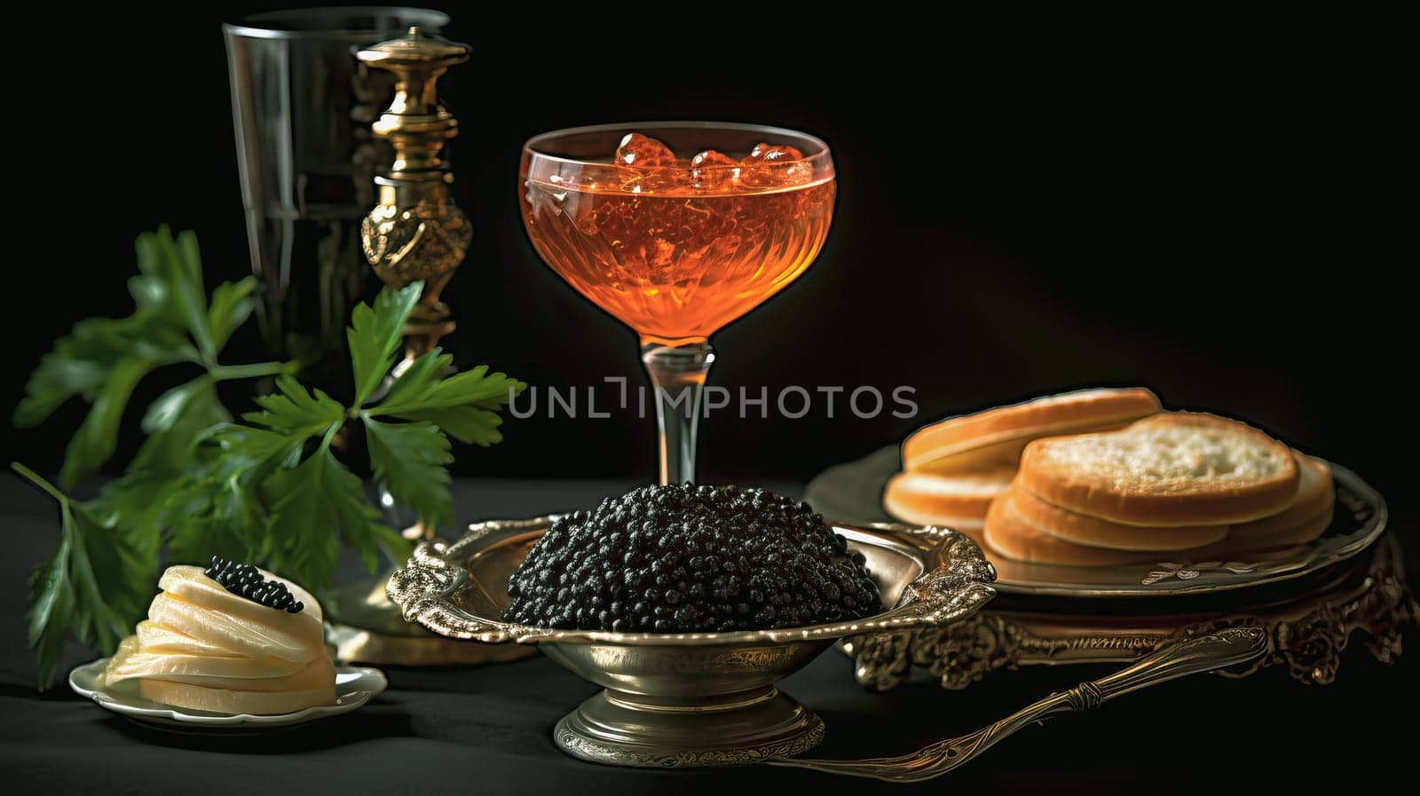 black caviar on plate redy to eat with pancakes and champagne. Ai art. High quality photo