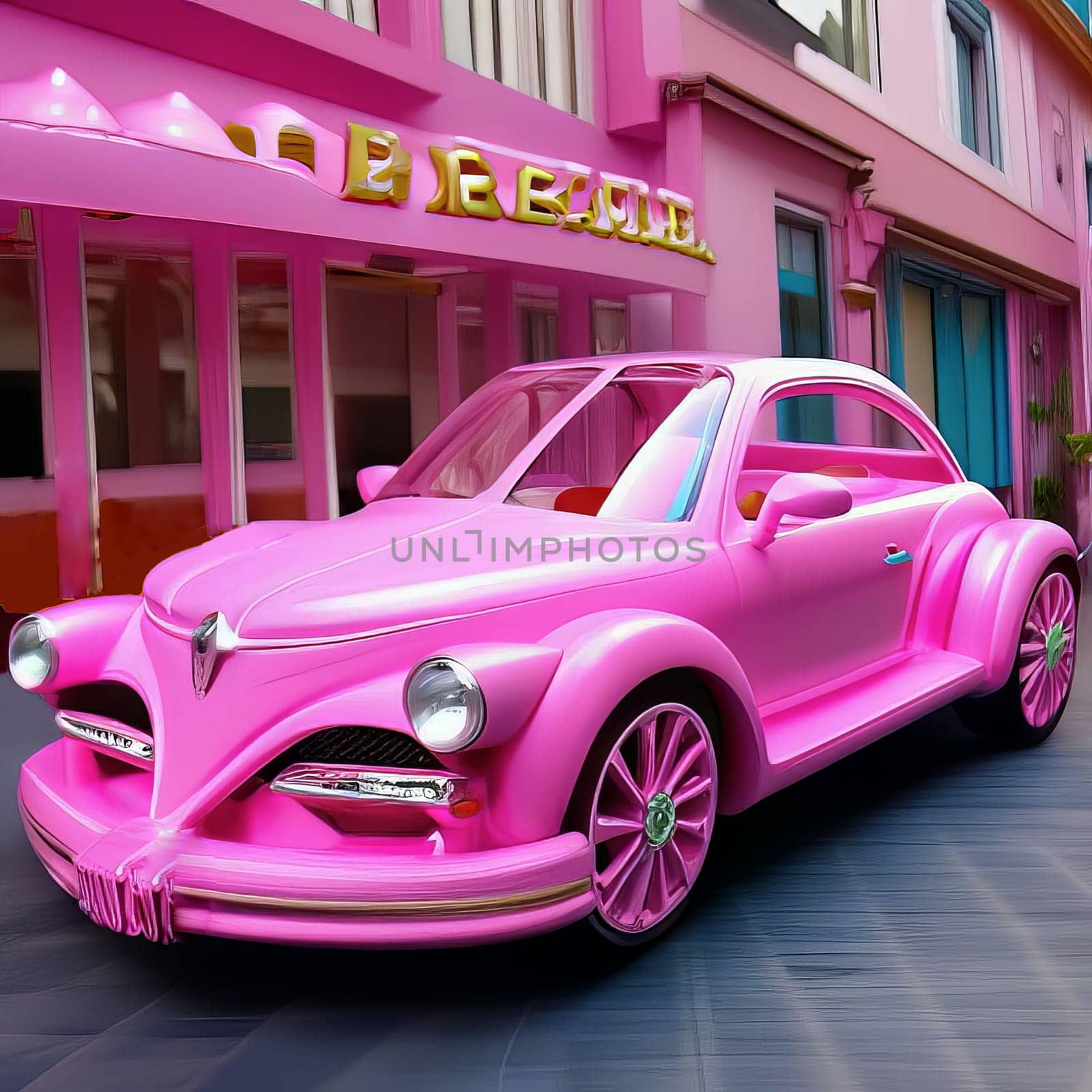 Barbie style pink car on the street. High quality photo