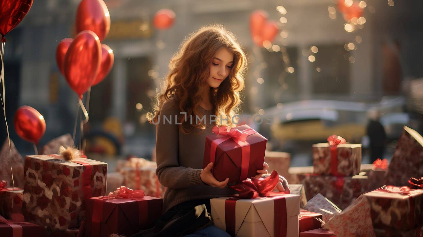 A young girl is unwrapping a Christmas gift surrounded by a tableware of presents.