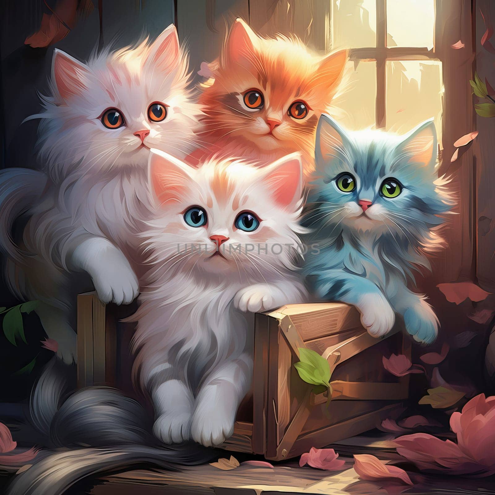 Little cute kittens sitting on the bed on a blanket. Ai art