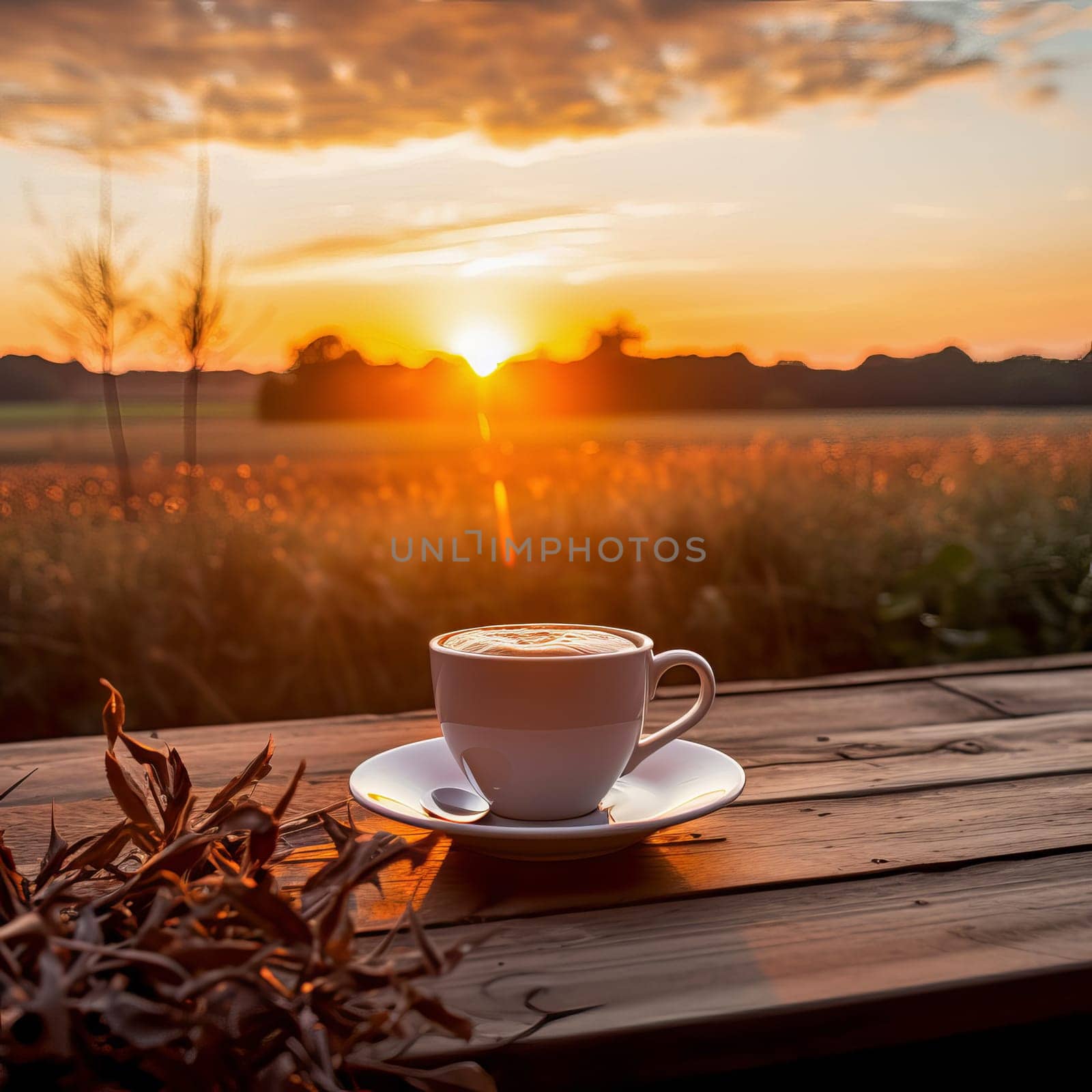 A cup of coffee on a table in front of a field with at sunset. Ai art