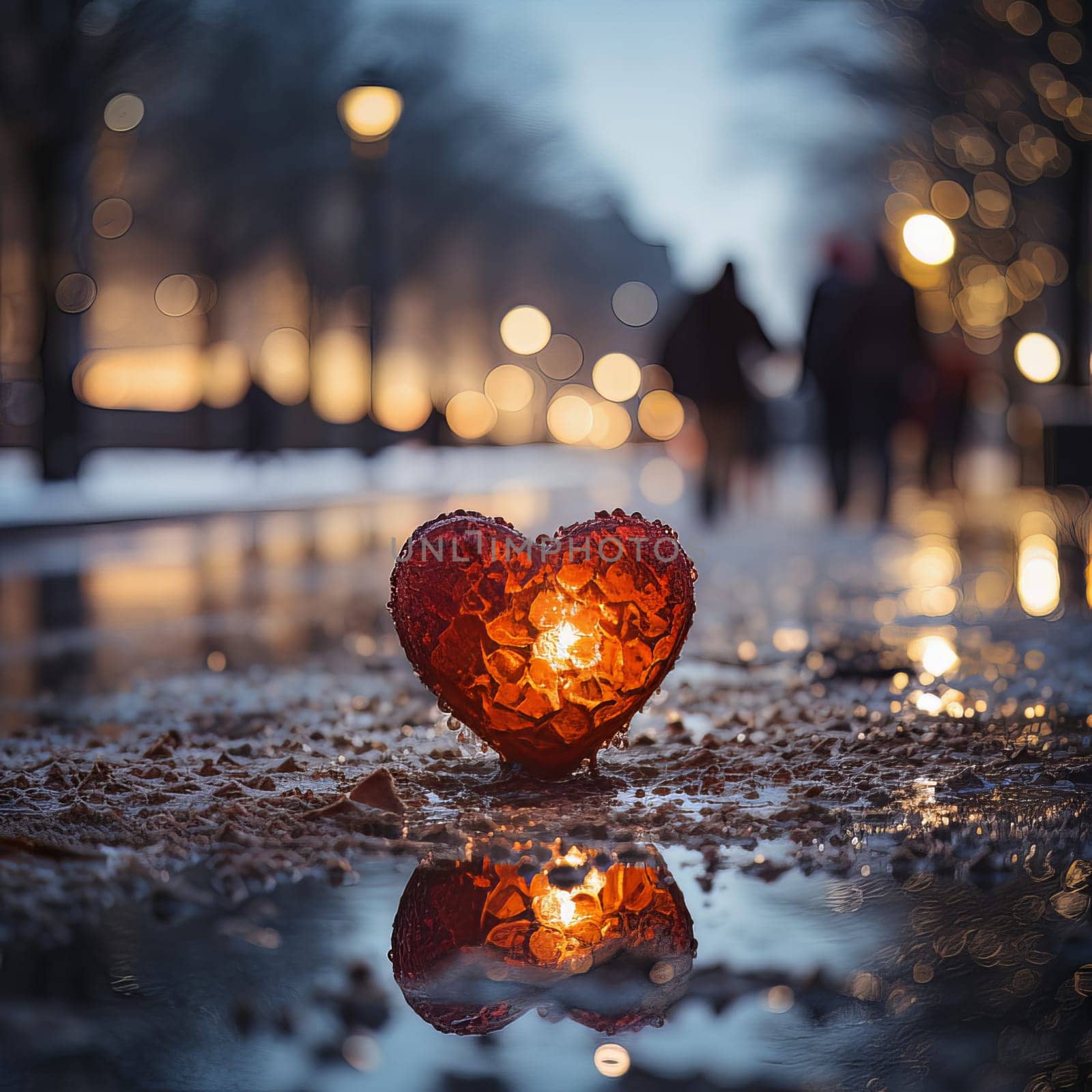 Red heart in the snow and lights bokeh. High quality photo