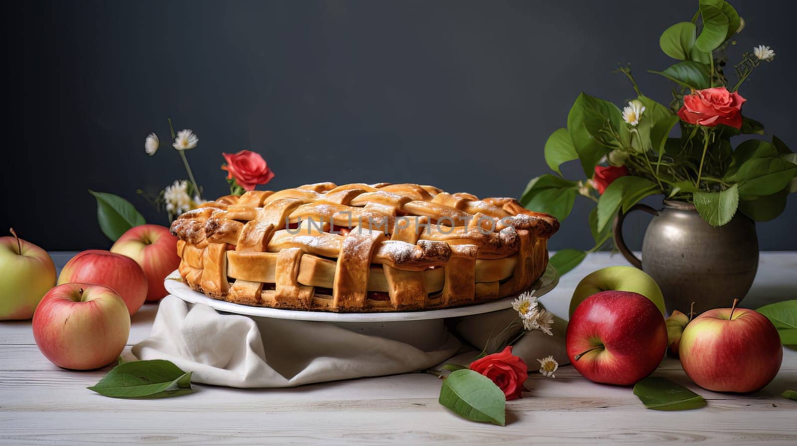 Apple pie on a white table and cup of caffe in a cafe. High quality photo