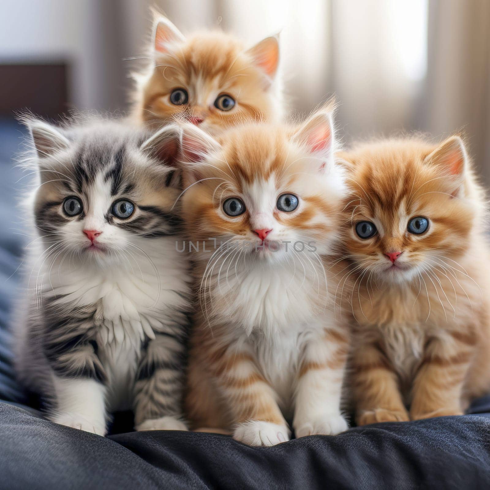 Little cute kittens sitting on the bed on a blanket. Ai art