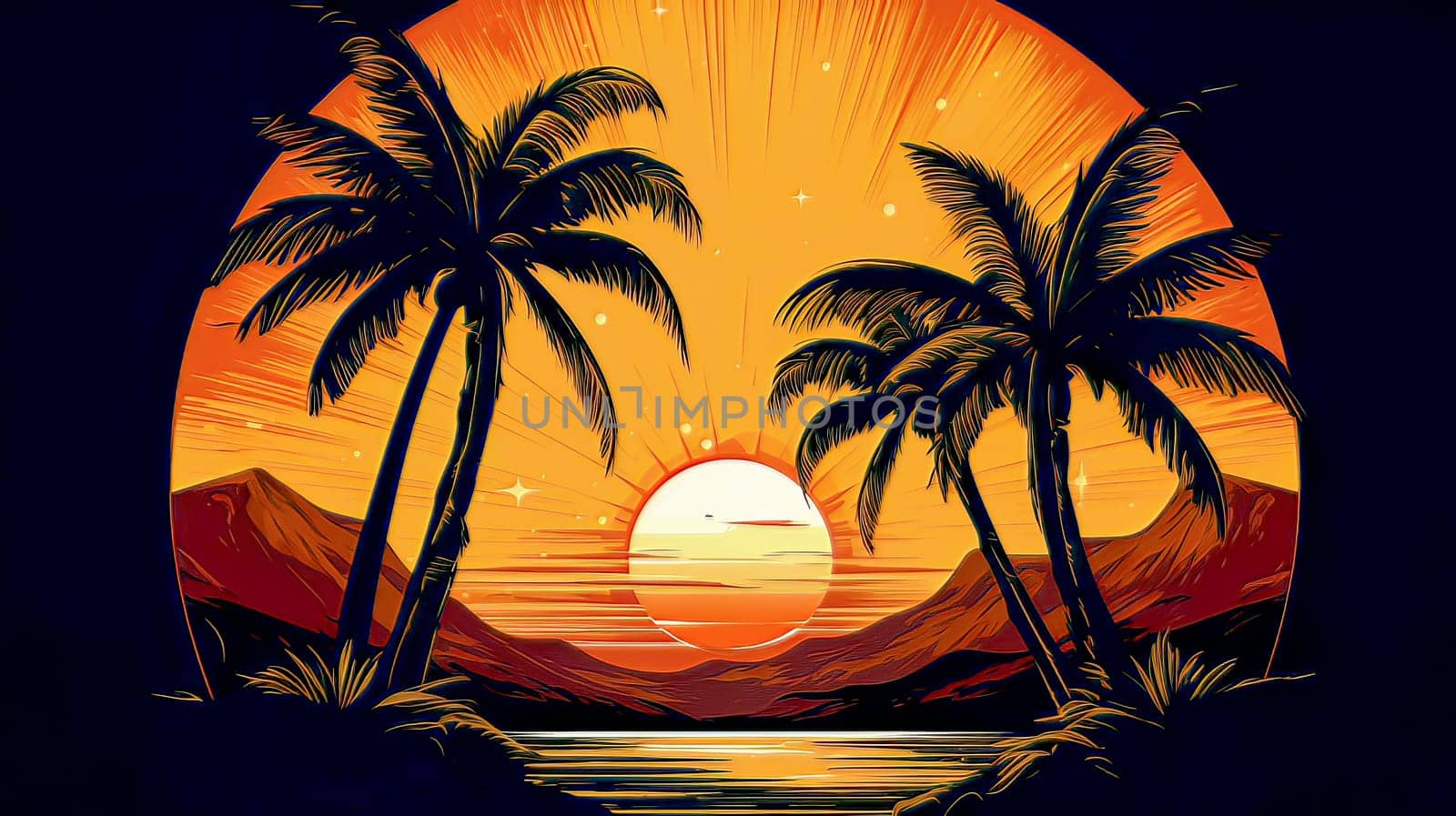 Round graphic palm tree and sun. Sunset on the sea. Ai generadet art. High quality photo