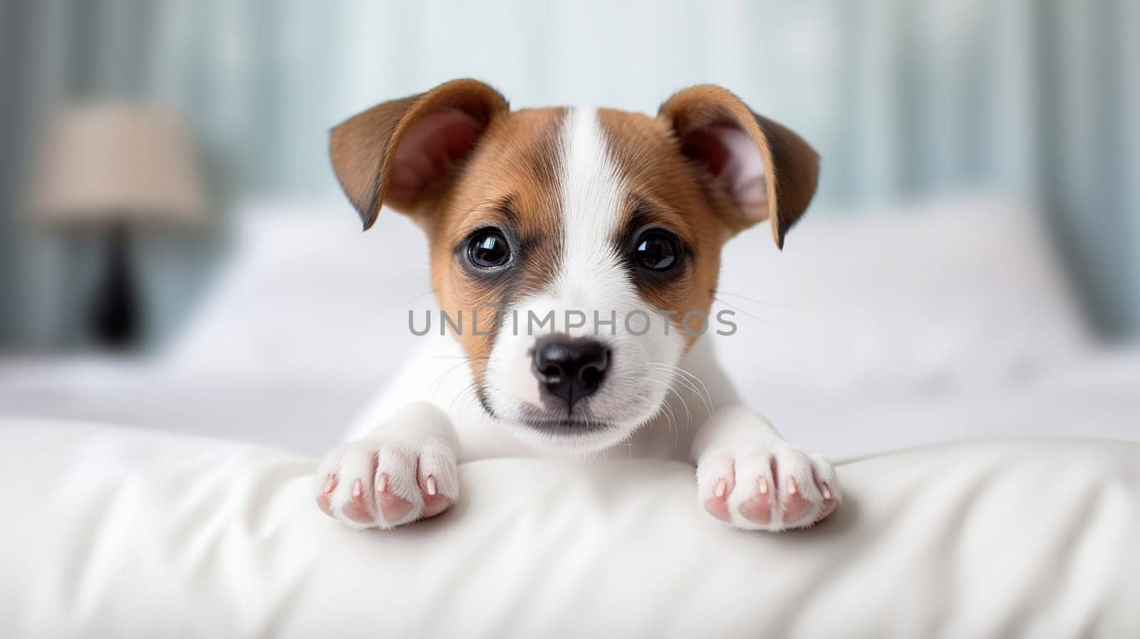 Jack russel terrier puppy sleeping on white bed. Ai art