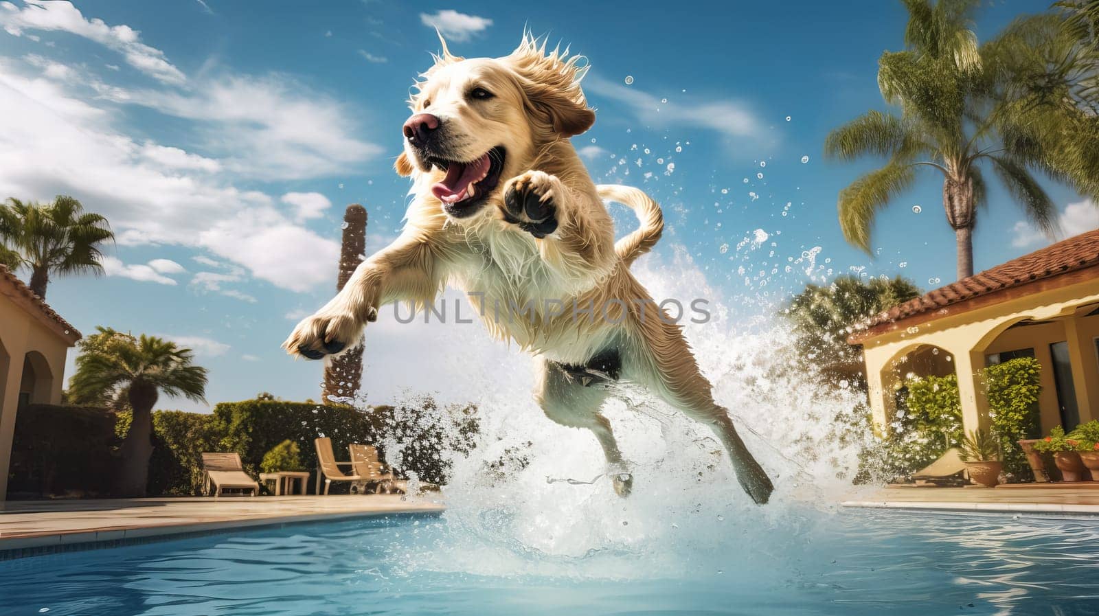 Joyful dog swims in the pool. Summer vacation concept. Ai art.