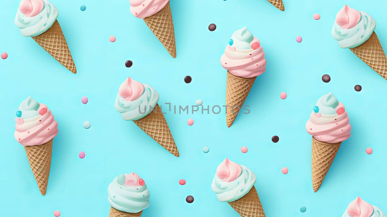 Ice cream pattern on patel blue background. Ai art