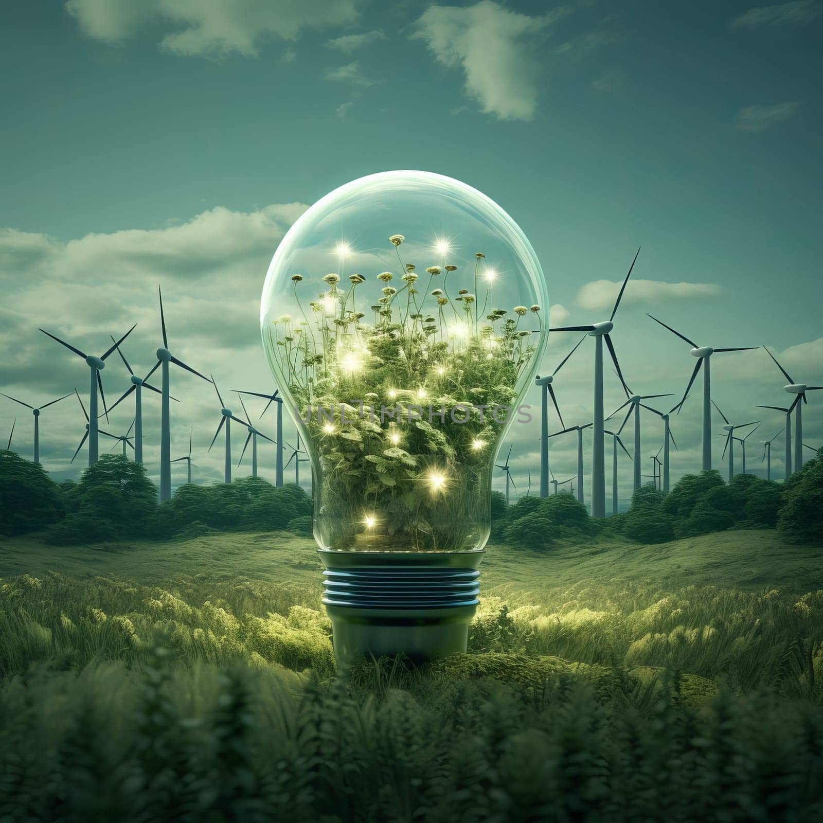 Green energy concept. Grass and flowers under the glass of an incandescent lamp. Ai art.