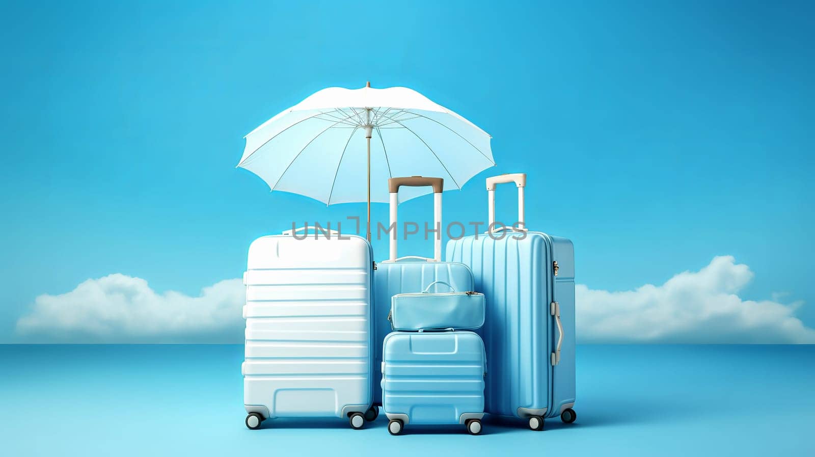 Travel suitcases and umbrella on blue. Vacation concept. Ai generadet art. High quality photo