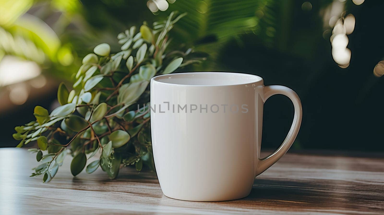 A white coffee mug on a table next to a plant. Ai art