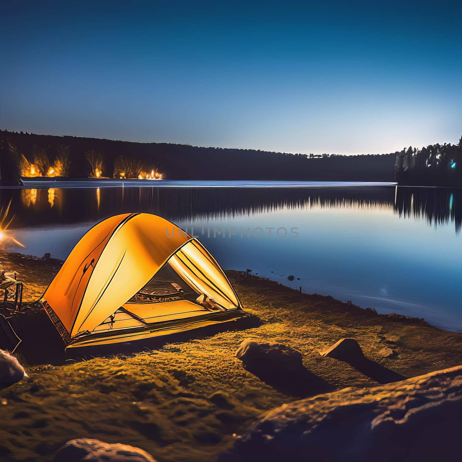 Camping tent in nature at night.