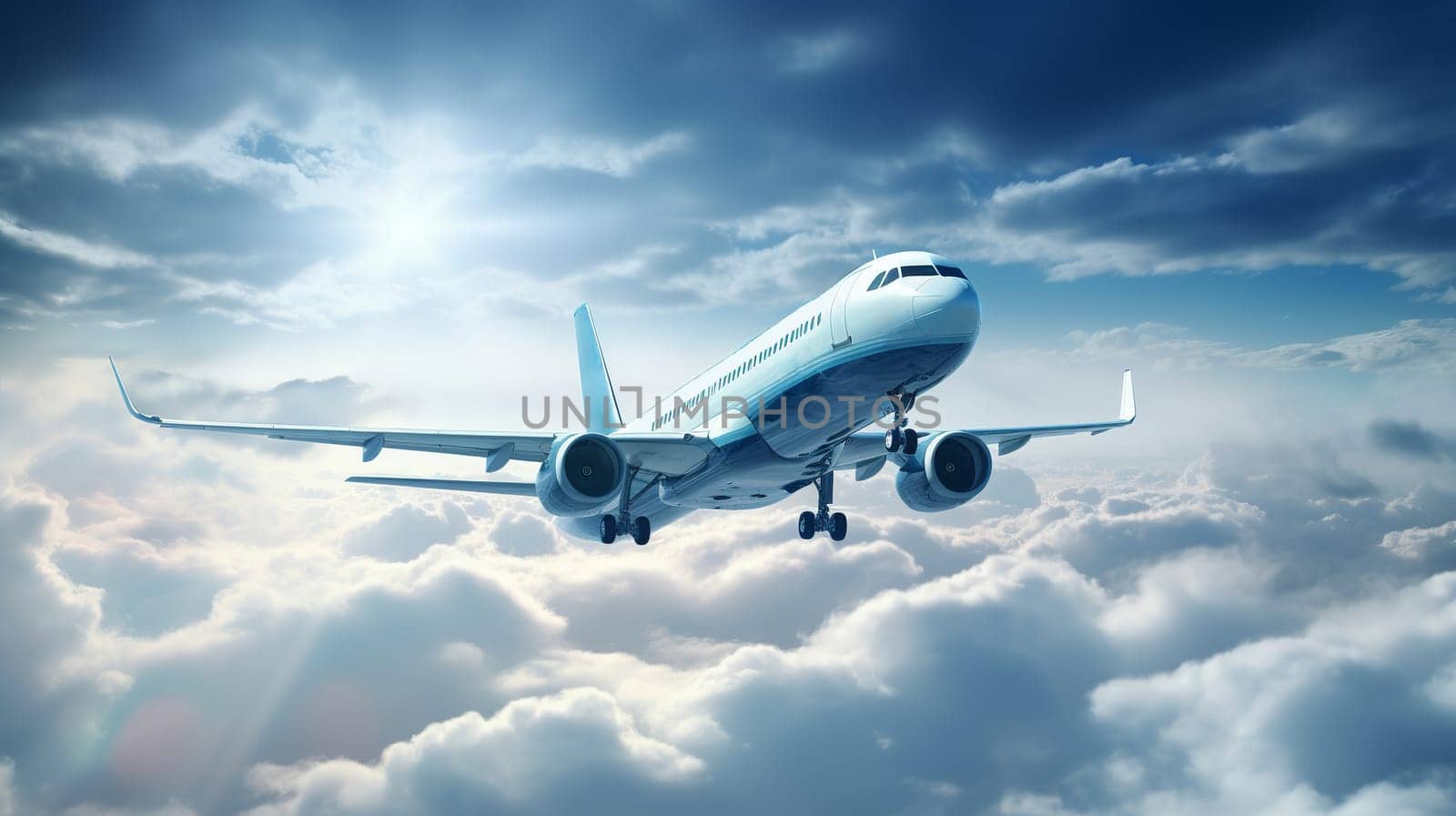The plane flies high in the sky in the clouds. Ai generated. High quality photo