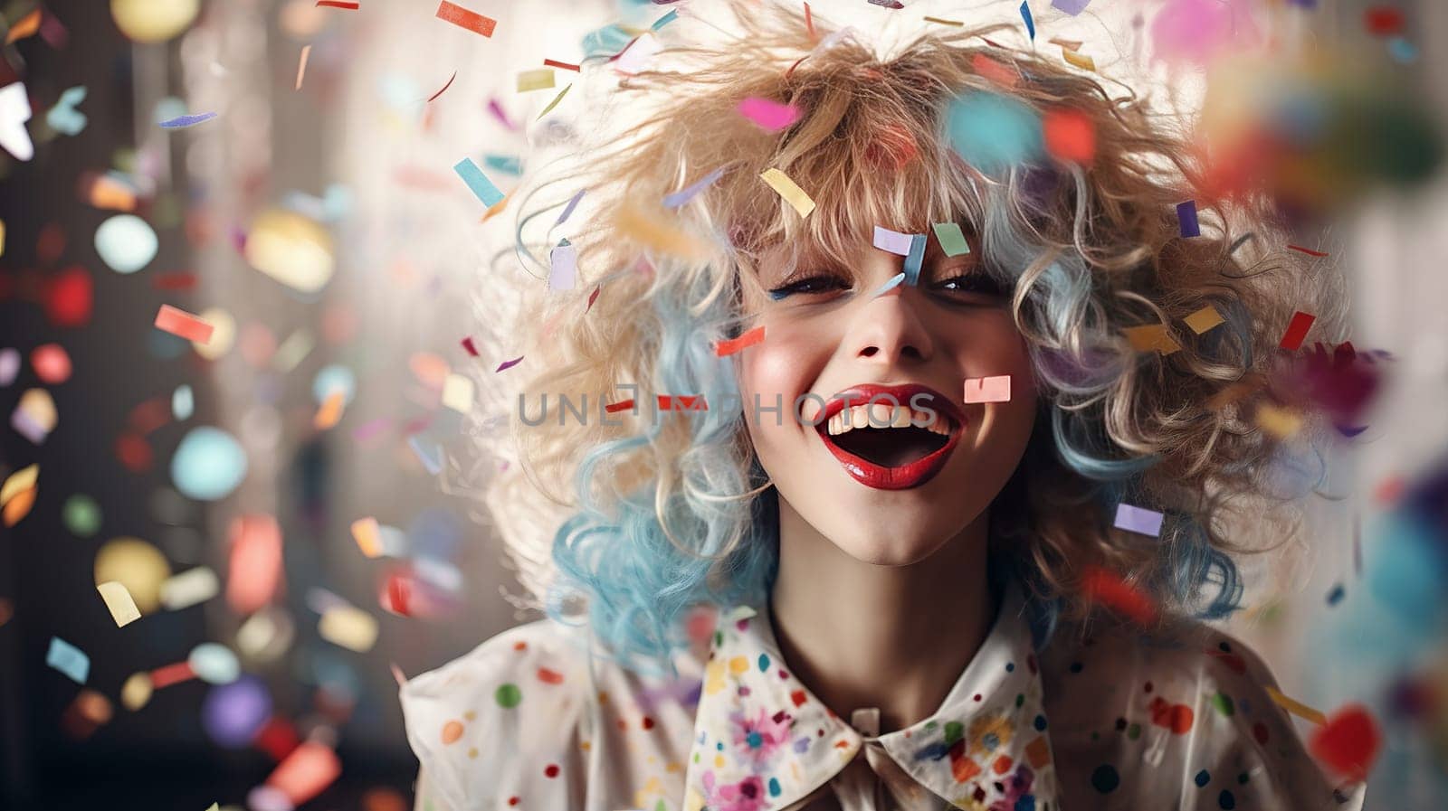 Joyful girl with curly hair and flying confetti around. Concept festive atmosphere. Ai art. High quality photo