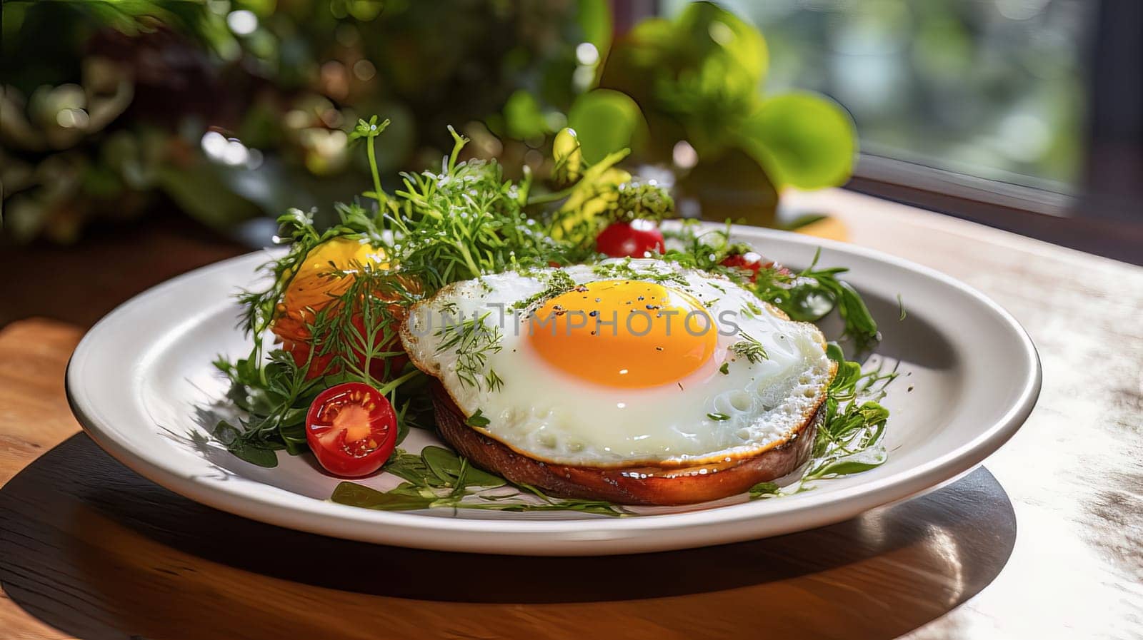 Fried eggs on a modern plate on a white table. Healthy breakfast. High quality photo