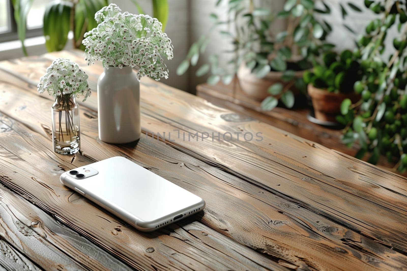 A white smartphone lies on a rustic wooden table, with two small vases of white flowers. The flowers are in focus, while the smartphone is slightly blurred. The table is made of reclaimed wood with a natural, worn finish. There are green plants in the background, which are slightly out of focus.