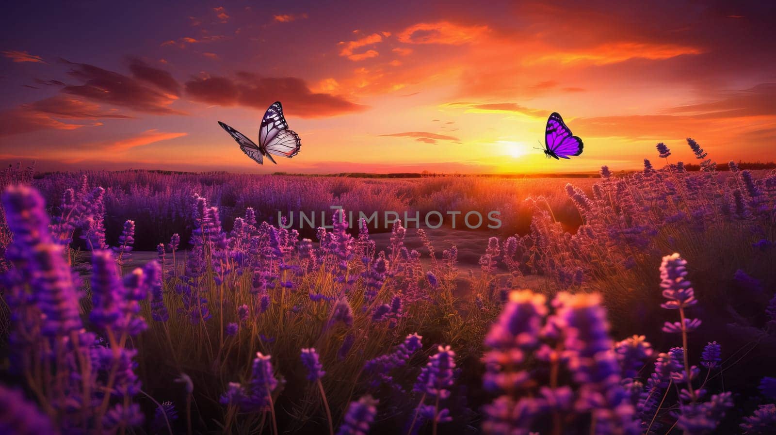 Beautiful landscape sunset field with lavender flowers. Ai art