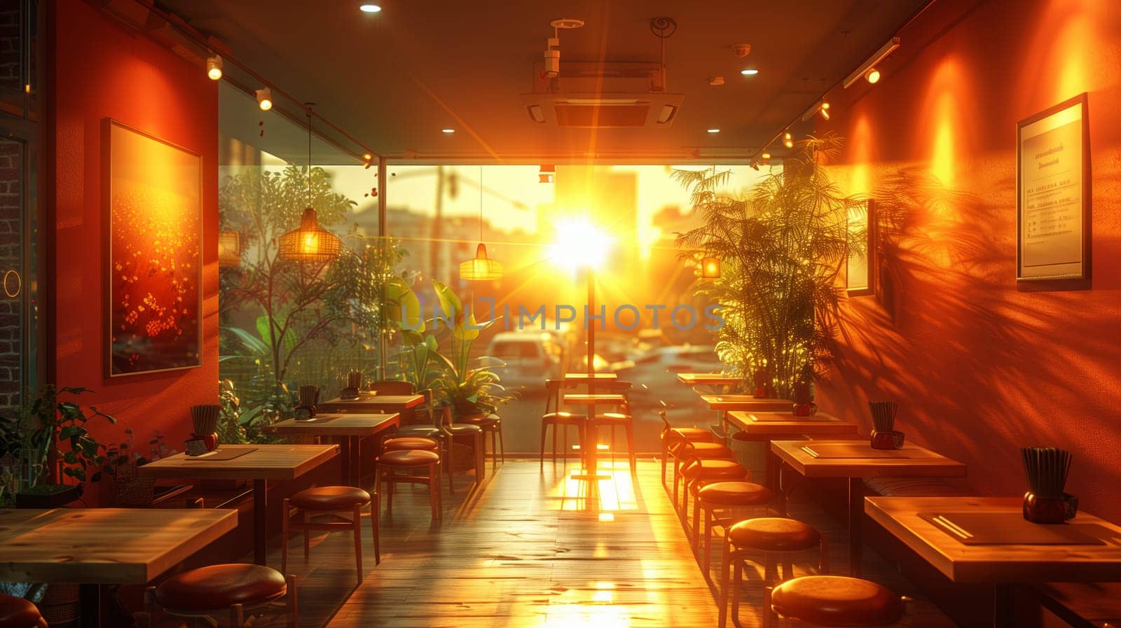A cafe interior with a view of the setting sun outside. The warm light of the sunset fills the cafe, casting a golden glow on the tables, chairs, and plants. The cafe has red walls, wooden floors, and large windows.