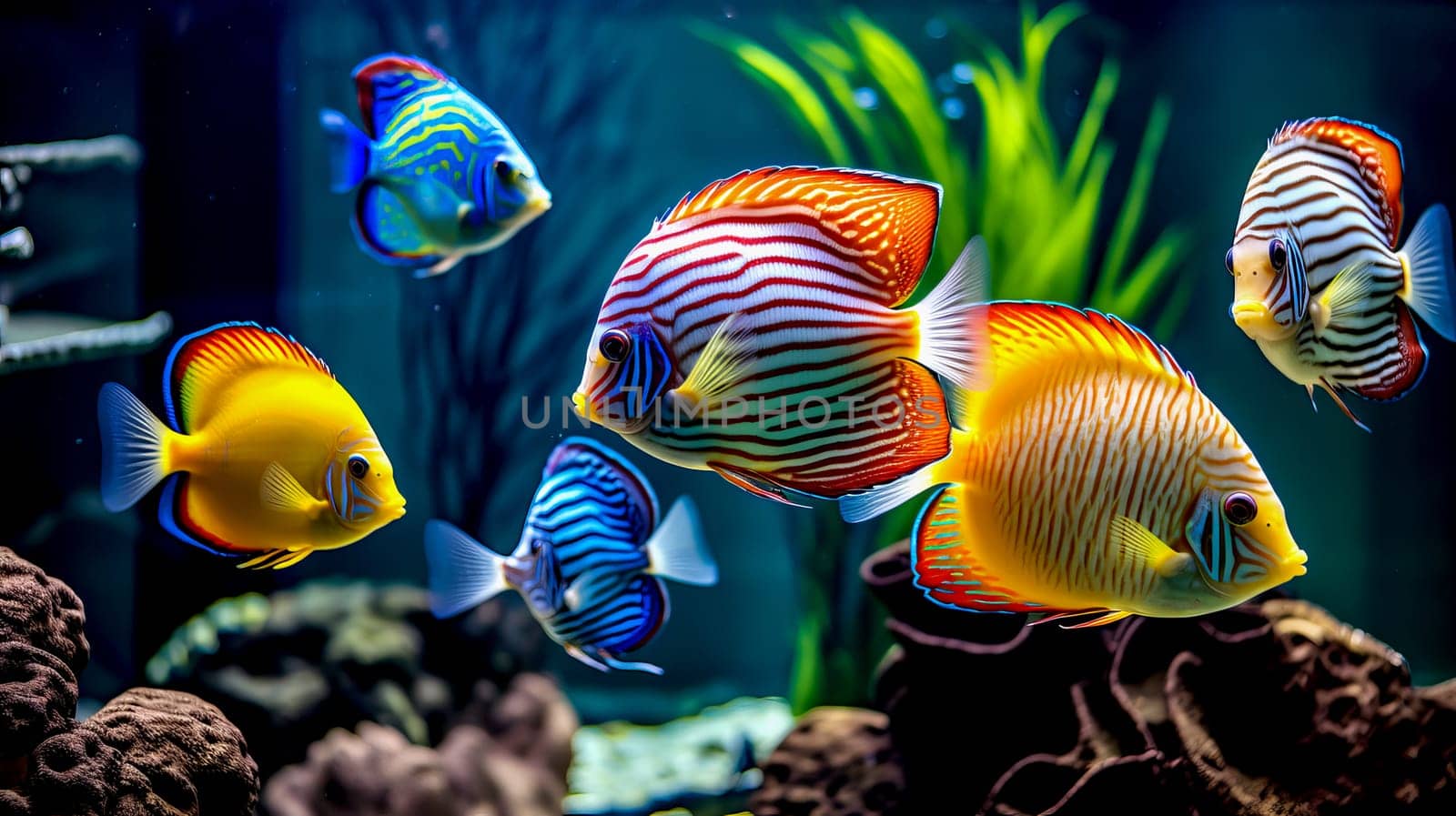 Tropical colorful fish in an aquarium with seaweed. High quality photo