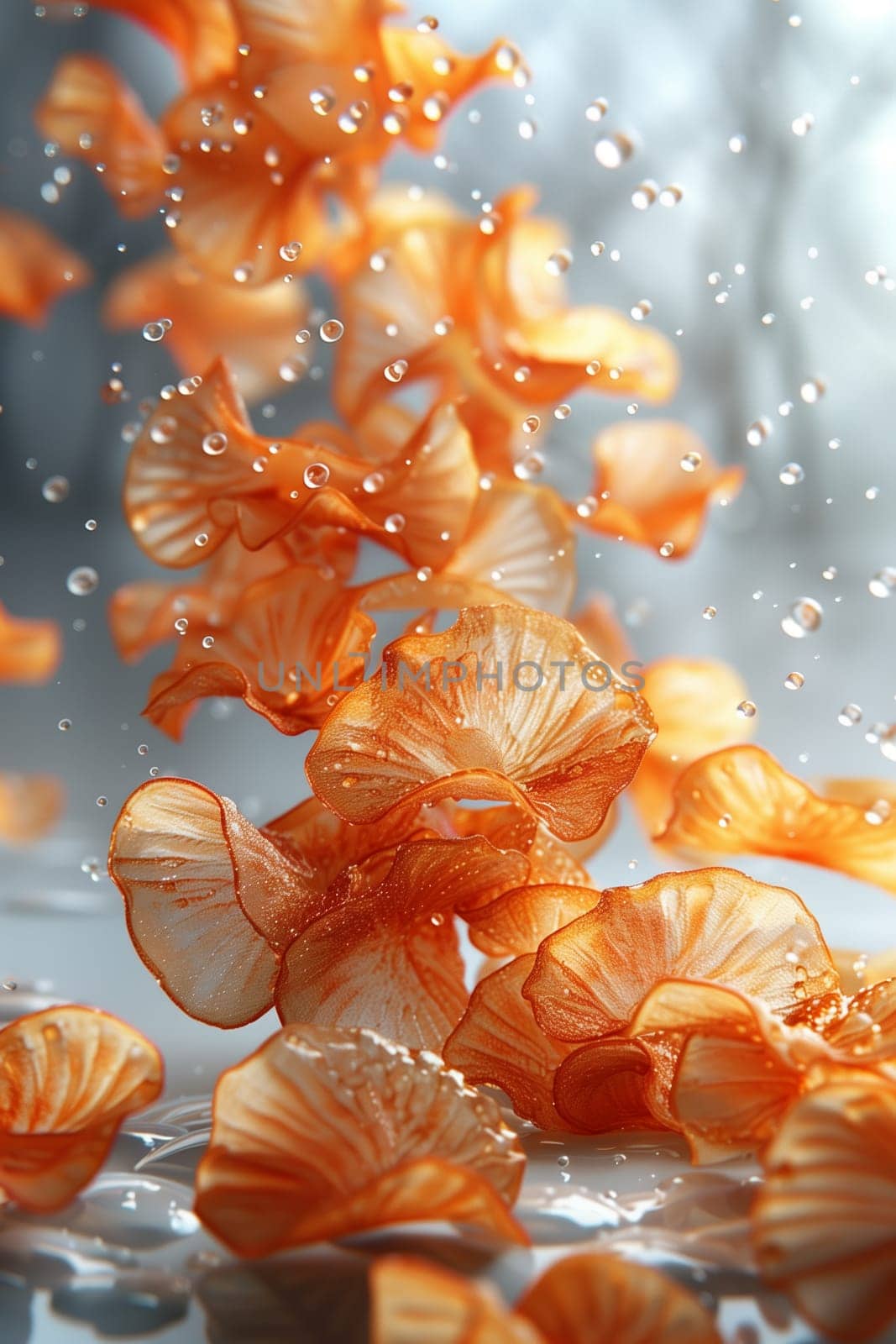 A close-up shot of orange mushroom caps floating in clear water with numerous air bubbles. The mushrooms are delicate and translucent, creating a visually appealing image. The light background helps to emphasize the vibrant color of the mushrooms.