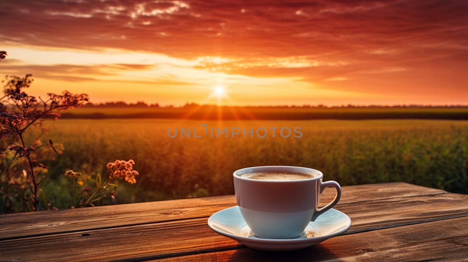 A cup of coffee on a table in front of a field with at sunset. Ai art