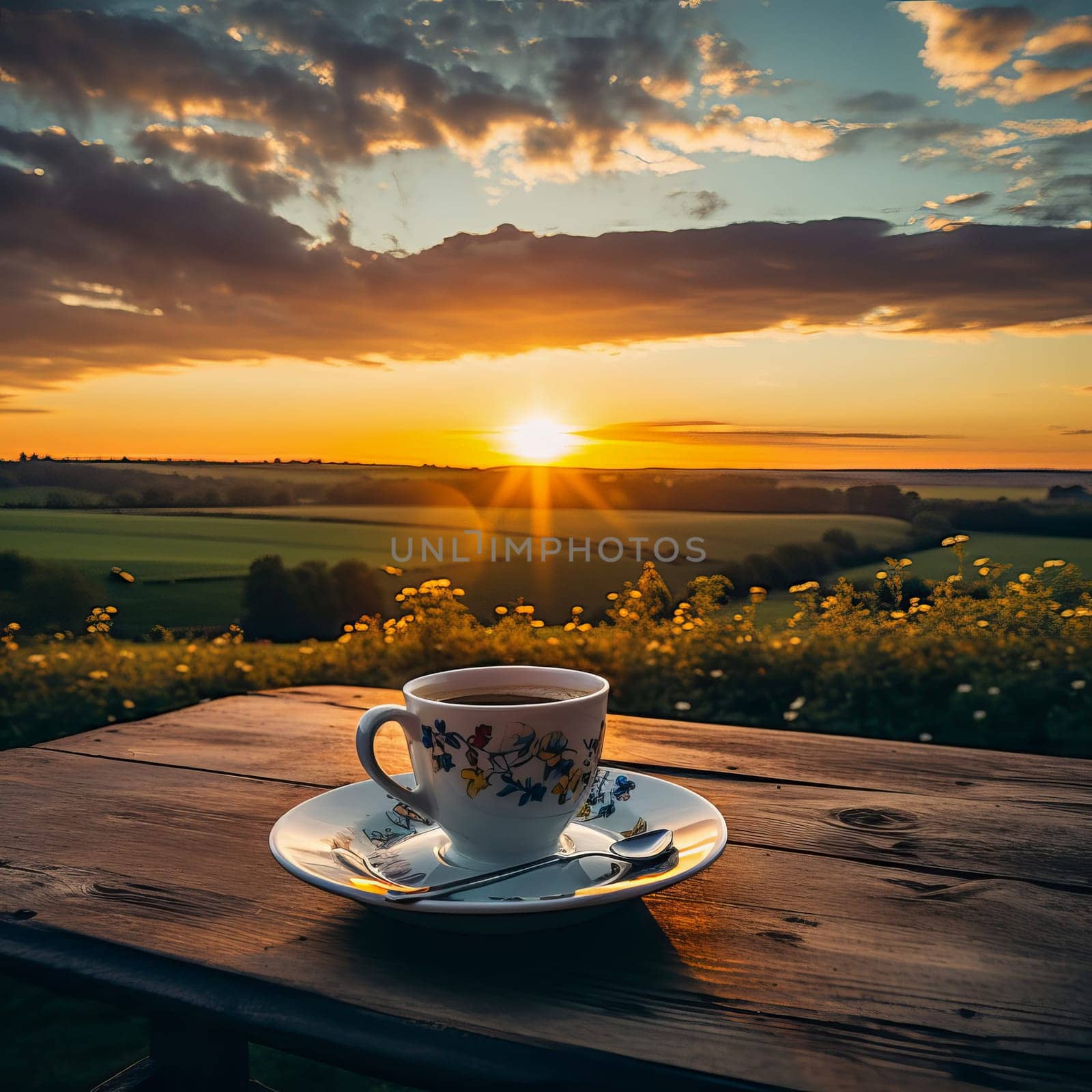 A cup of coffee on a table in front of a field with at sunset. Ai art