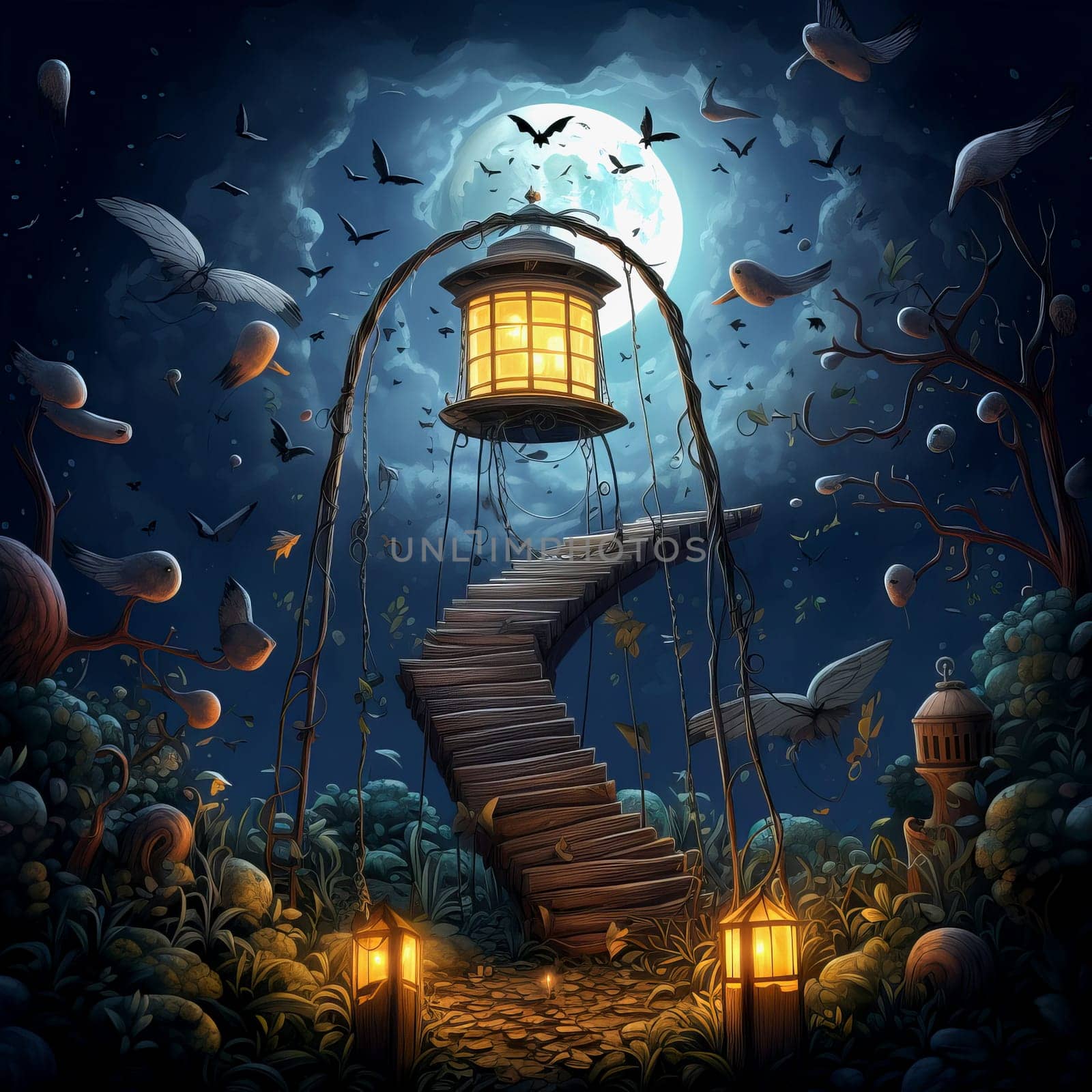 Staircase to the moon on a dark night. Ai art. High quality photo