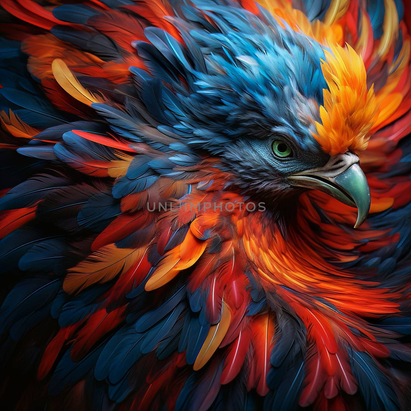 Bird with bright multicolored feathers. Ai art. High quality photo