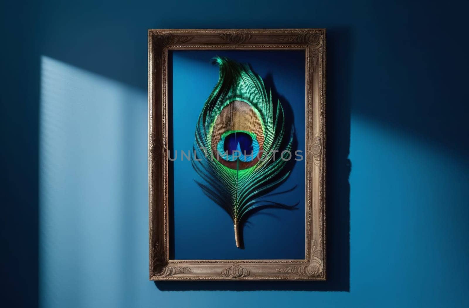 Peacock feather in a frame on a blue wall