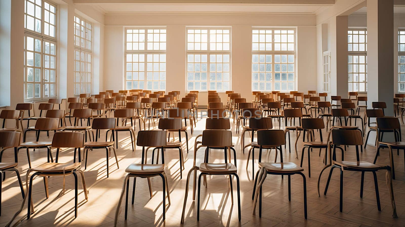 Empty classrom with a lot of chair with no student. Ai art. High quality photo
