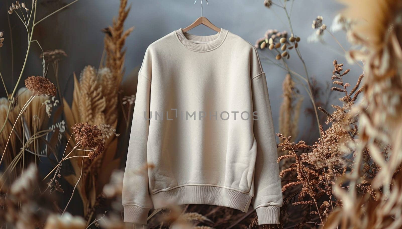 A beautiful white sweatshirt adorned with dried flowers is displayed on a hanger, highlighting its unique design