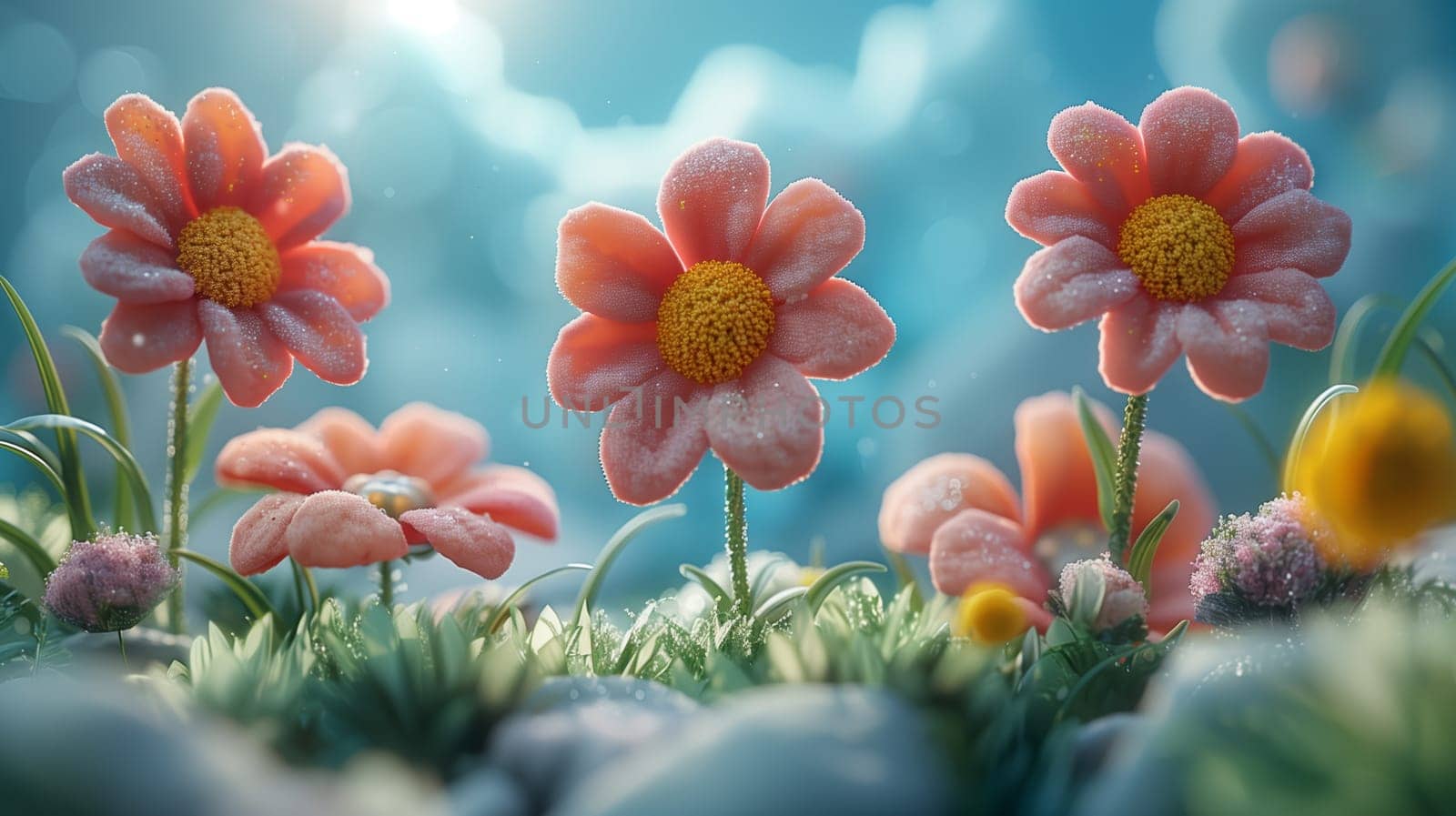 A close-up shot of pink flowers blooming in a lush meadow, bathed in the warm light of the sun. The flowers have delicate petals and yellow centers, adding a touch of vibrancy to the scene. The soft, blurred background creates a sense of depth and tranquility.