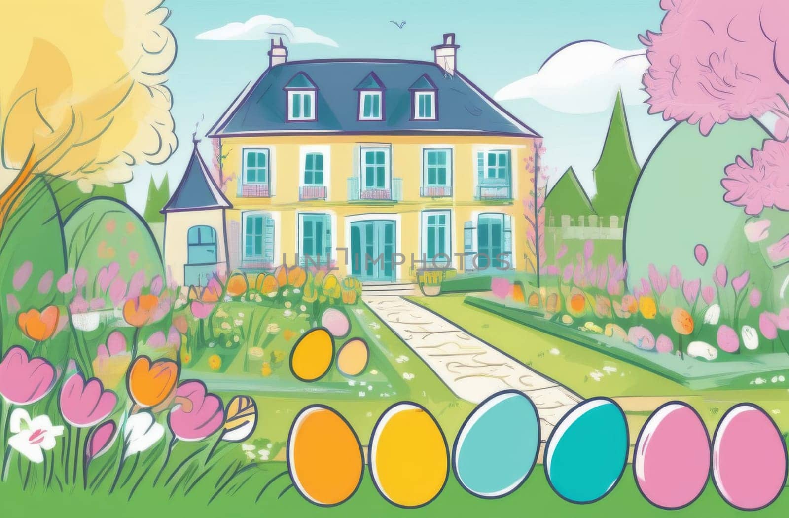 Chocolate eggs for children near a house in a garden in Europe Easter