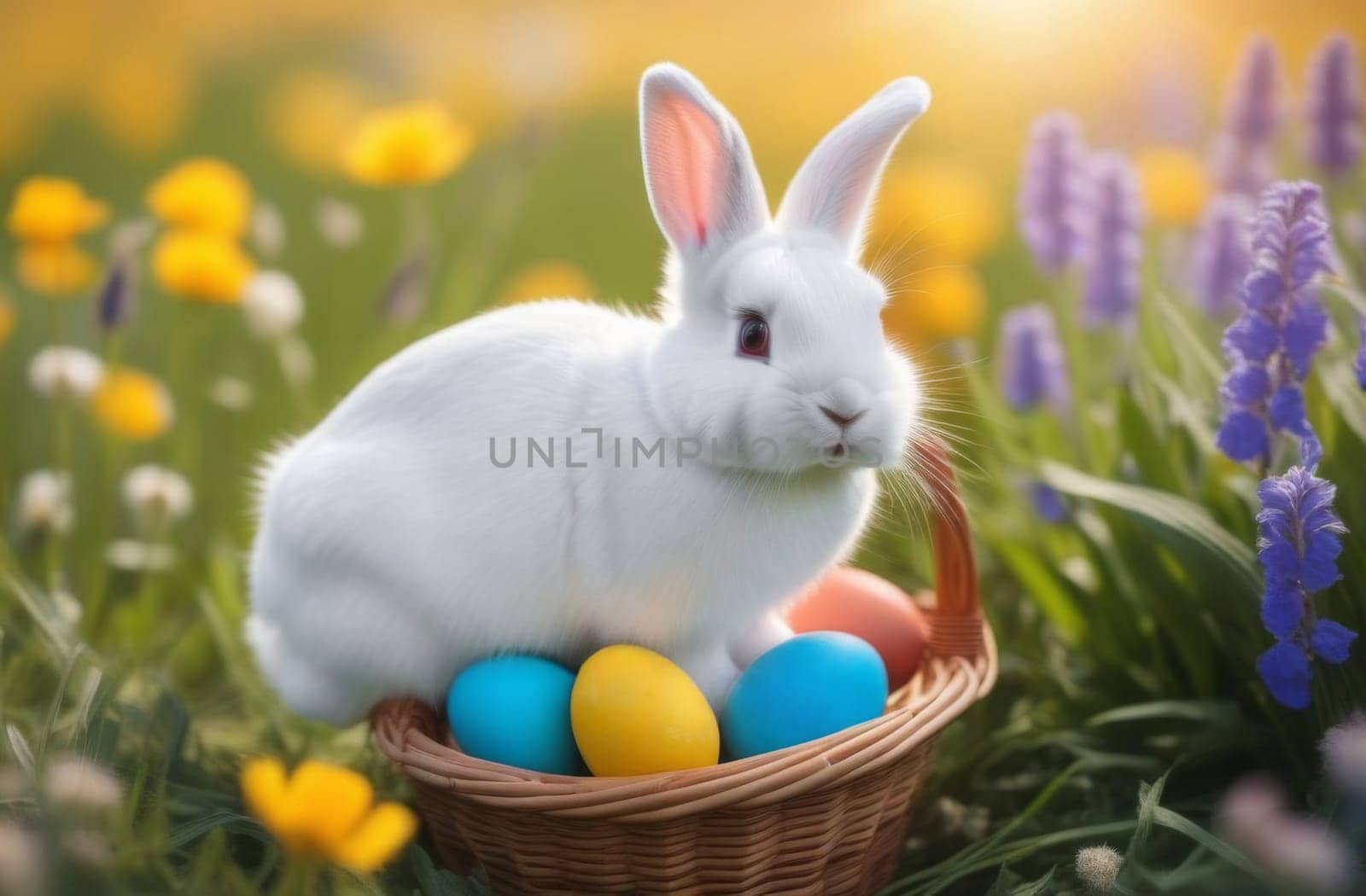 White rabbit in a basket with colored eggs in a field with daisies for Easter holiday
