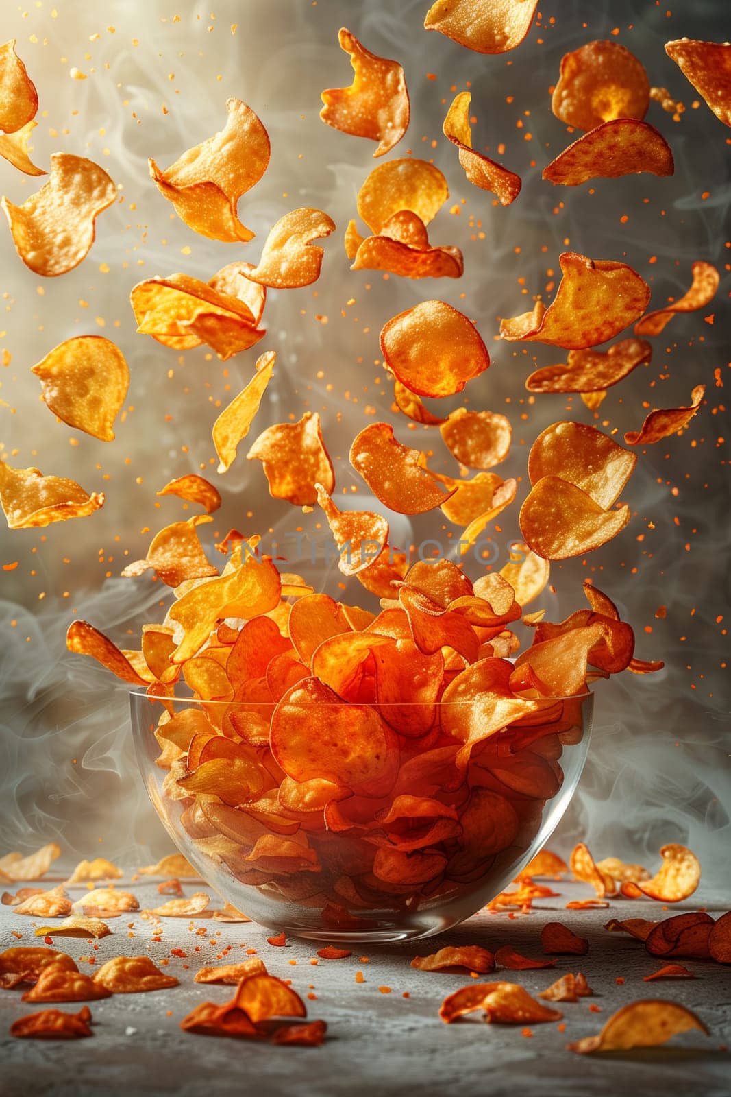 A close-up image of crispy, sweet potato chips falling into a glass bowl. The chips are illuminated by a bright light source, casting shadows on the background. The image captures the chips in mid-air, as if frozen in time, creating a dynamic and appealing visual.