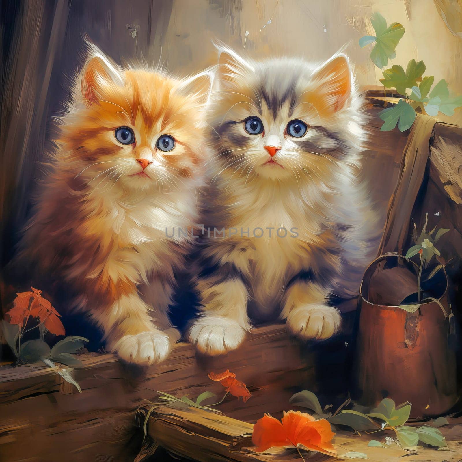 Little cute kittens sitting on the bed on a blanket. Ai art