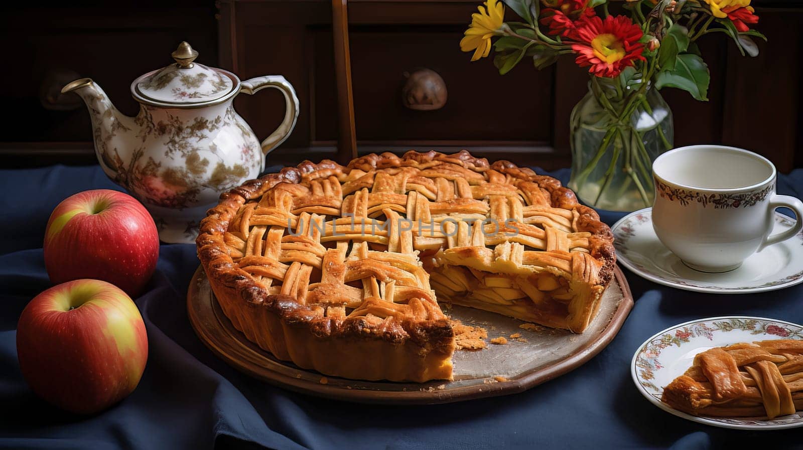 Apple pie on a white table and cup of caffe in a cafe. High quality photo