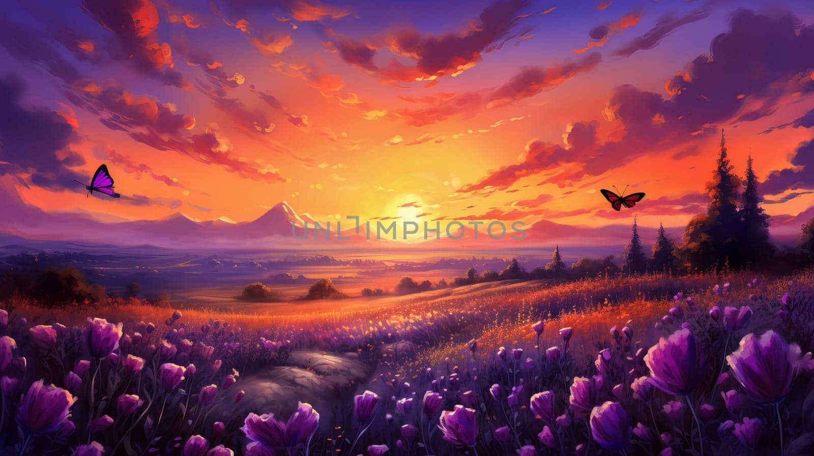 Beautiful landscape sunset field with lavender flowers. Ai art