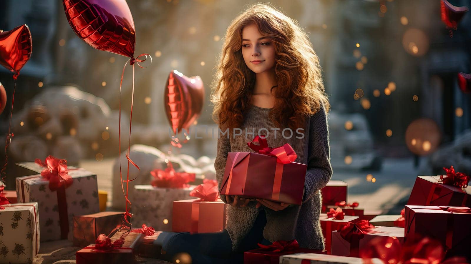 A young girl is unwrapping a Christmas gift surrounded by a tableware of presents.