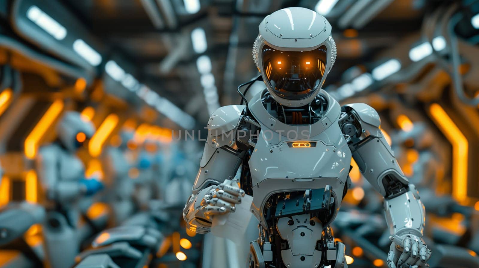 A close-up shot of a white robot with glowing orange eyes in a futuristic industrial setting. The robot is standing in the foreground, with other robots in the background, and appears to be working on a task.