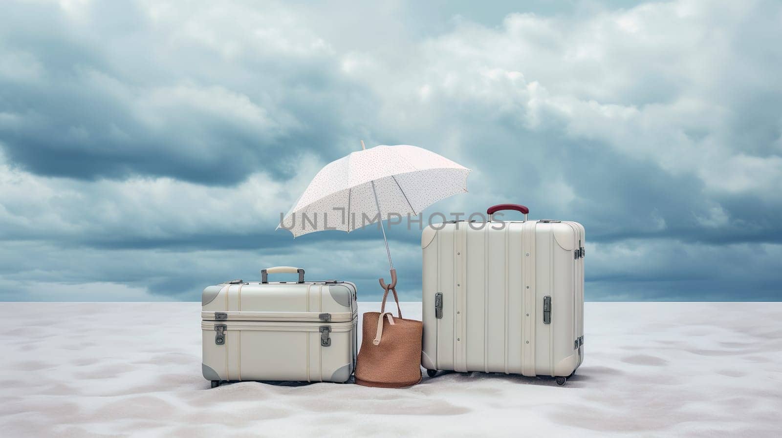 Travel suitcases and umbrella on the sand. Vacation concept. Ai generadet art. High quality photo