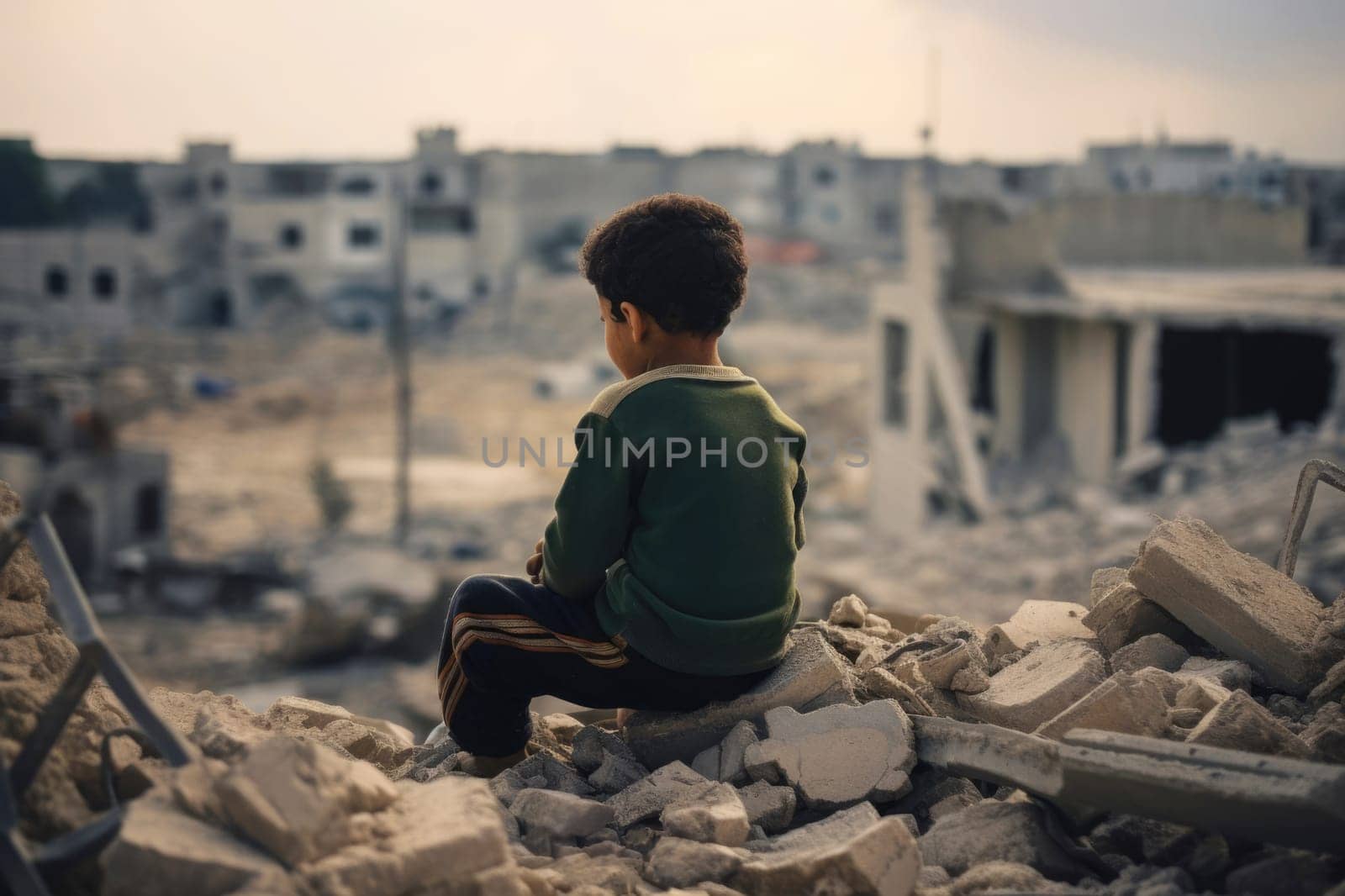A child sits on the ruins of his house after bombardment